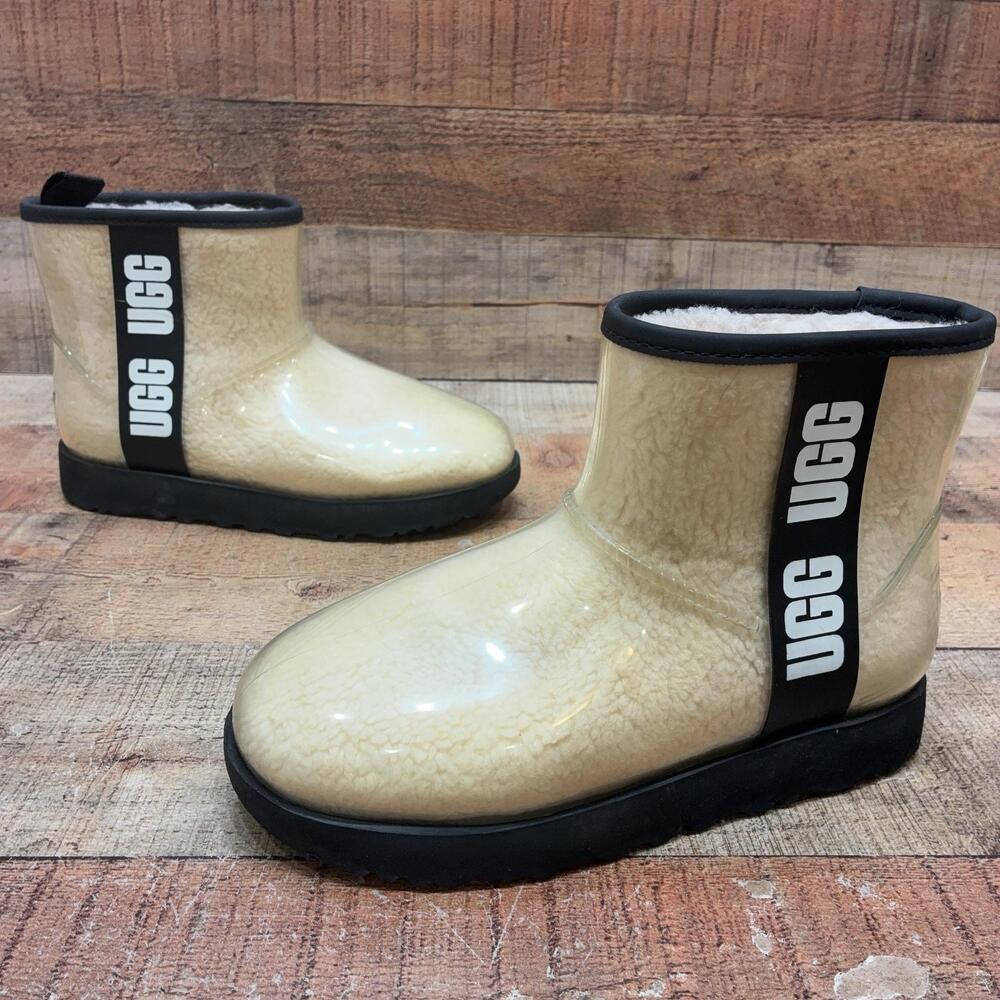 UGG Classic Clear Mini Boots Womens Size 6 37 Beige Waterproof Shearling Ankle